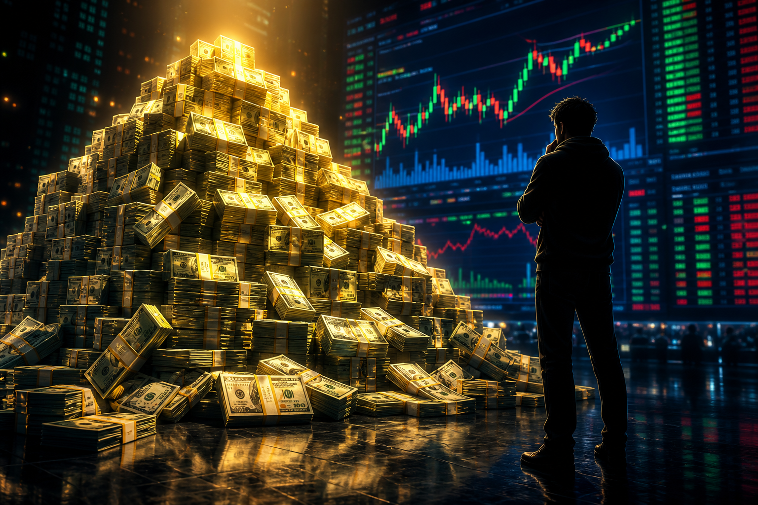 Investor před obrazovkou s&nbsp;trhem a&nbsp;hromadou hotovosti jako symbolem opatrnosti