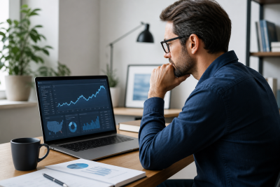 Analytik sleduje ekonomická data a grafy s důrazem na inflaci a dopad na domácí finance