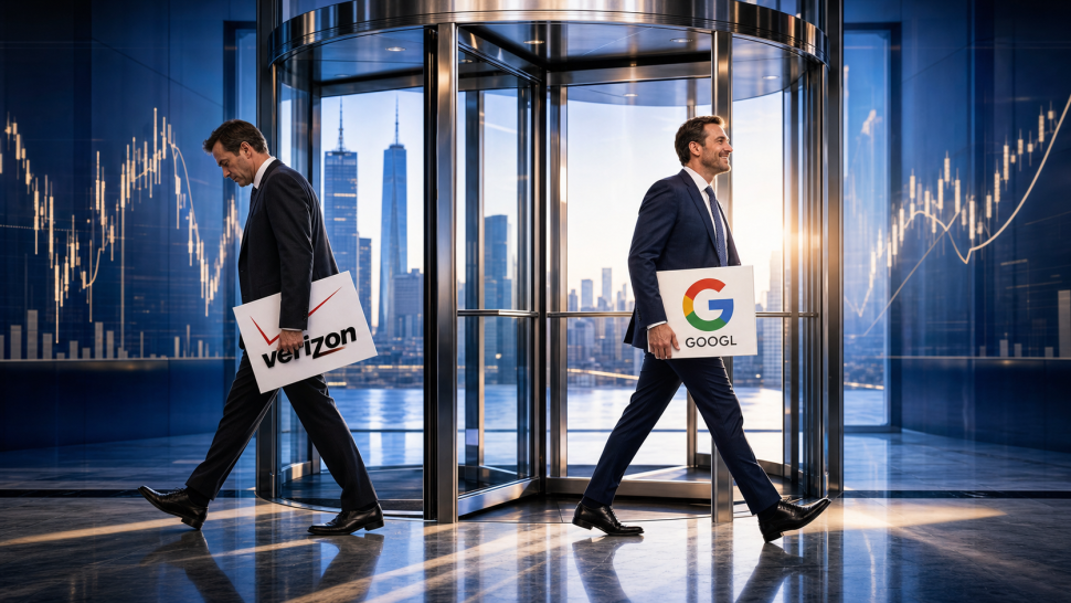 Editorial vizuál: smutný businessman se znakem Verizon odchází ze skleněných dveří, veselý businessman se znakem Google GOOGL vchází dovnitř, v pozadí Manhattan skyline a finanční grafy v sytě modré paletě.