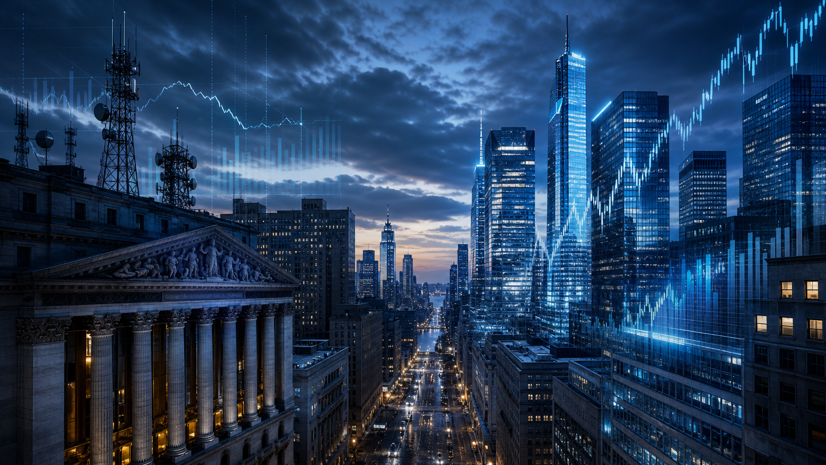 Tmavší modrý magazínový editorial vizuál Wall Street a finančních grafů, ilustrační cover k výměně Alphabetu a Verizonu v indexu Dow Jones.