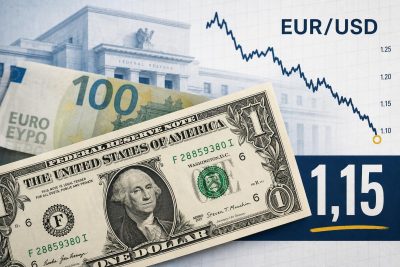 Stylizovaná editorial ilustrace silnějšího amerického dolaru oproti euru s grafem EUR/USD klesajícím pod 1,15.