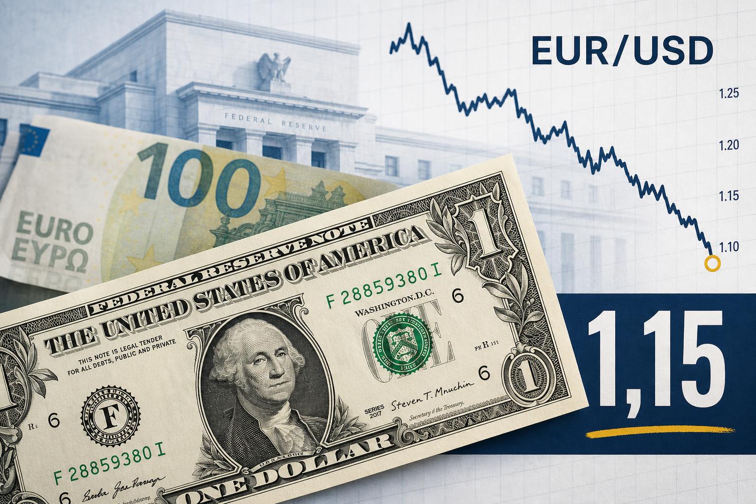 Stylizovaná editorial ilustrace silnějšího amerického dolaru oproti euru s grafem EUR/USD klesajícím pod 1,15.