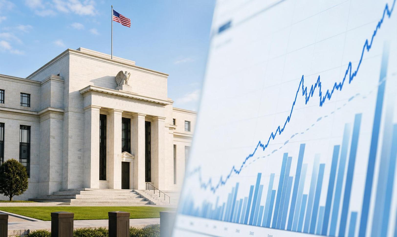 Editorial photo of a&nbsp;bright modern financial trading floor screen displaying a&nbsp;rising US inflation chart and the Federal Reserve building exterior