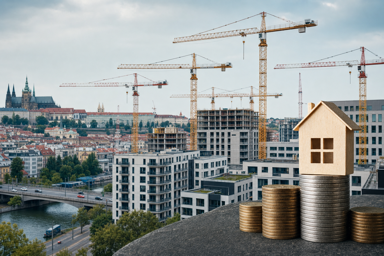 Modern Prague skyline with residential cranes and apartment blocks, highlighting tension between heavy construction and expensive housing.