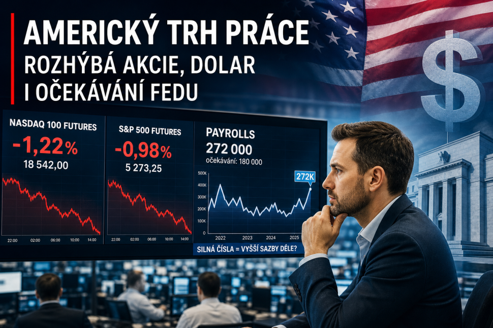 Ekonomický náhled s obrazovkou futures, grafem zaměstnanosti a americkým dolarem před zveřejněním dat z trhu práce