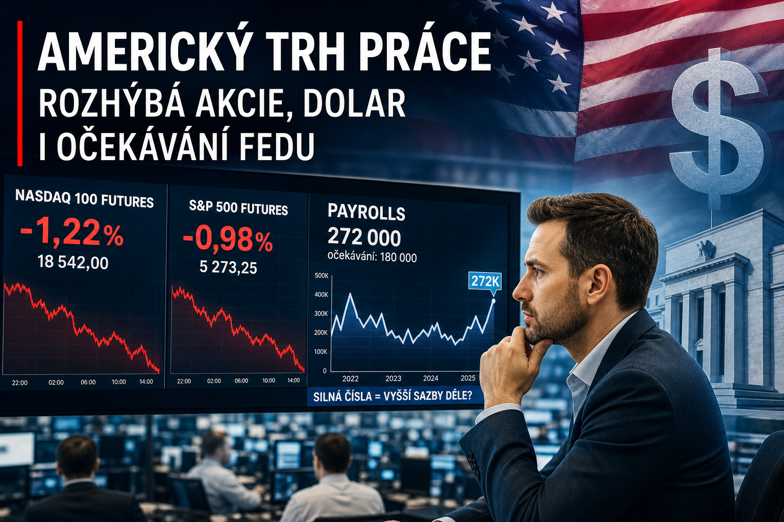 Ekonomický náhled s&nbsp;obrazovkou futures, grafem zaměstnanosti a&nbsp;americkým dolarem před zveřejněním dat z&nbsp;trhu práce