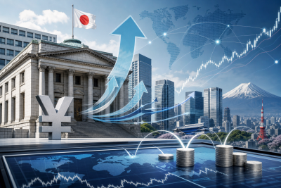 Editorial illustration of Japanese yen and global market screens after a Bank of Japan rate hike