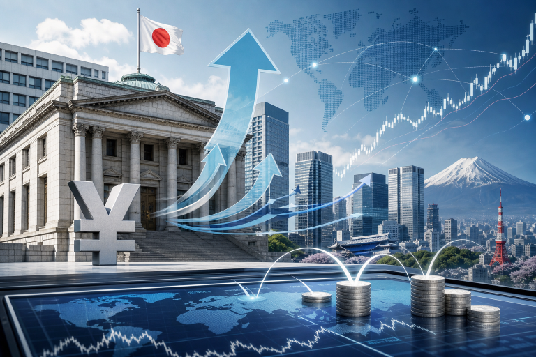 Editorial illustration of Japanese yen and global market screens after a Bank of Japan rate hike