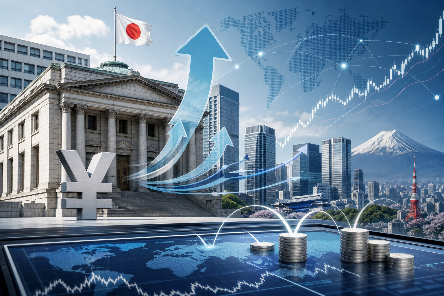 Editorial illustration of Japanese yen and global market screens after a Bank of Japan rate hike