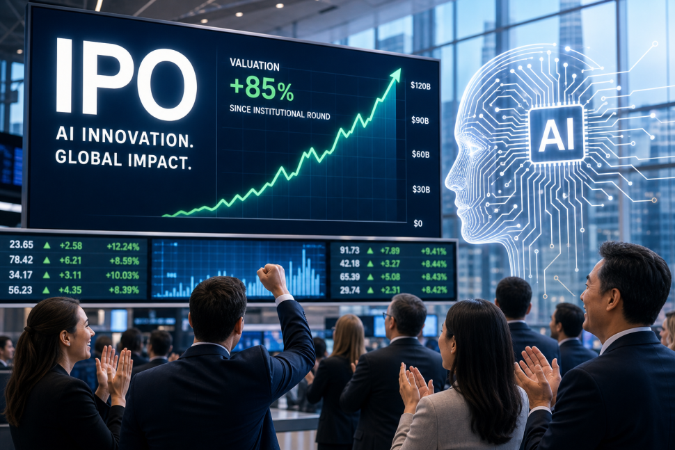 Editorial ilustrace AI IPO a růstu valuací technologických firem