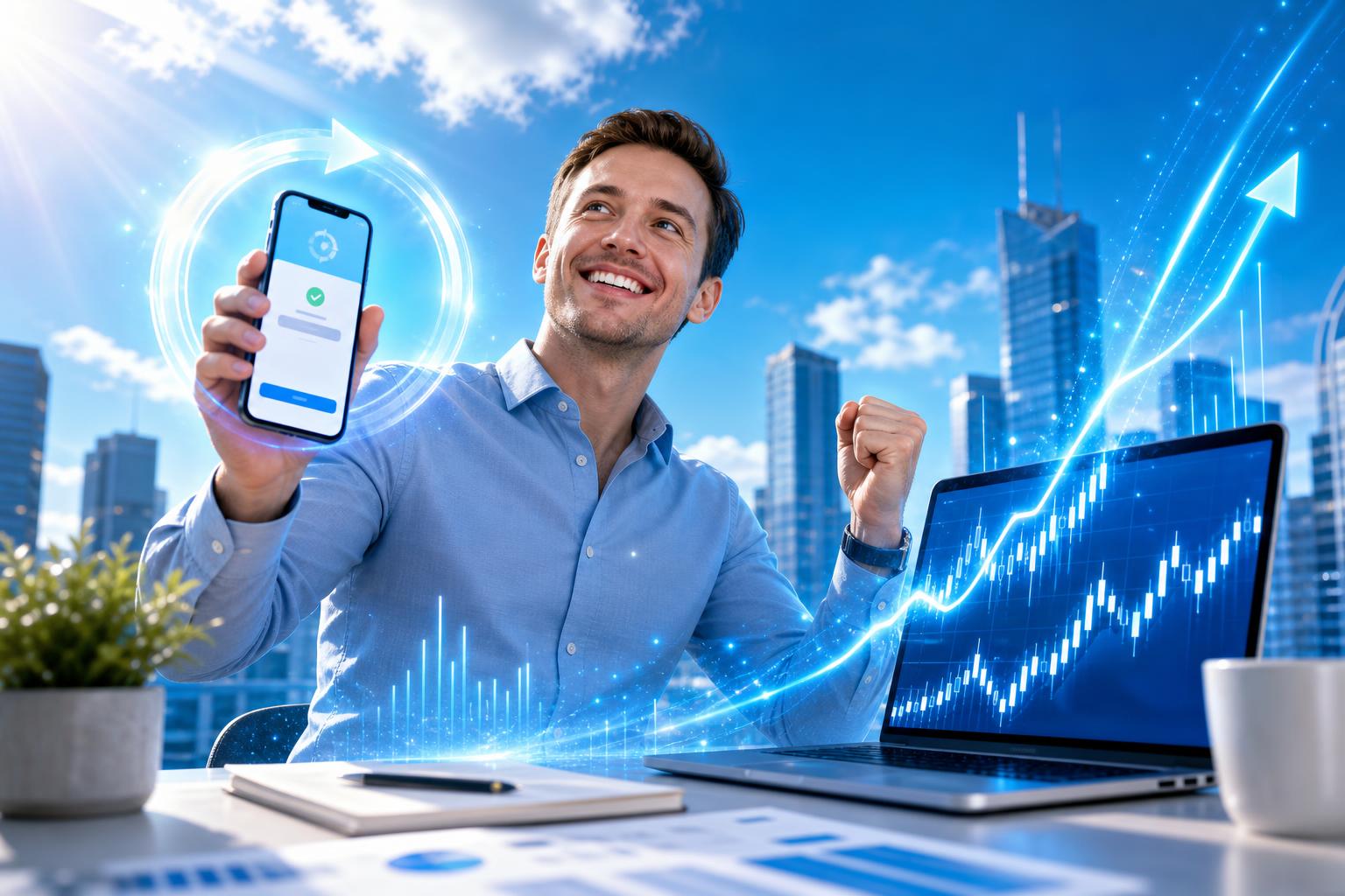Trader u modře laděného grafu, řešící obnovu členství ve trading komunitě