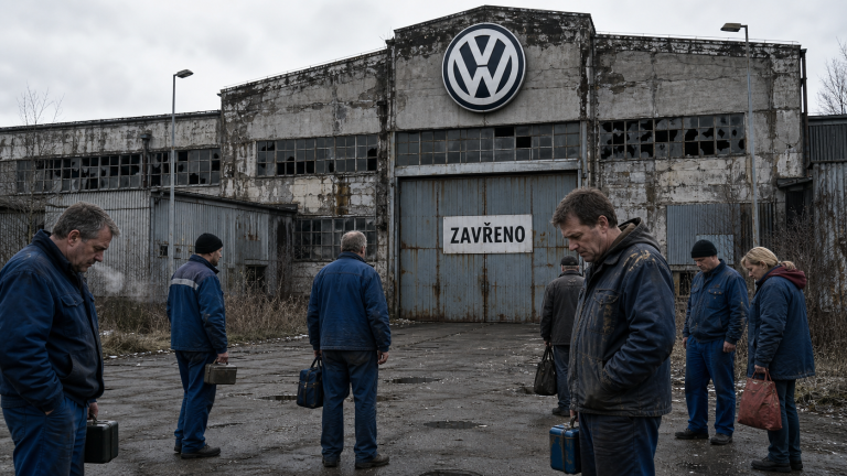 Polorozpadlá továrna s logem Volkswagen a cedulí ZAVŘENO na hlavních dveřích; v popředí skupina smutných dělníků v montérkách. Dokumentární editorial vizuál k článku o propouštění ve VW.