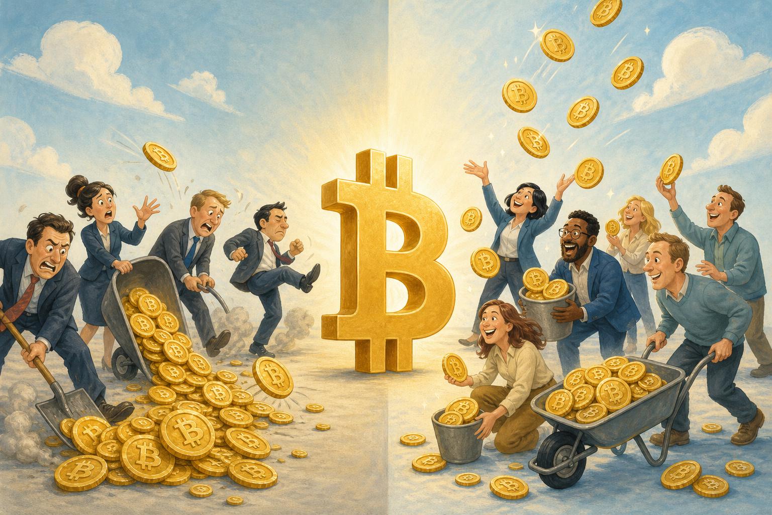 Bitcoin panika vs akumulace — editorial ilustrace, retail prodává, whales nakupují