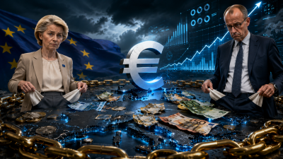 Mapa Evropy se symbolem eura, rozházenými eurobankovkami a dvěma evropskými představiteli na temném finančním pozadí