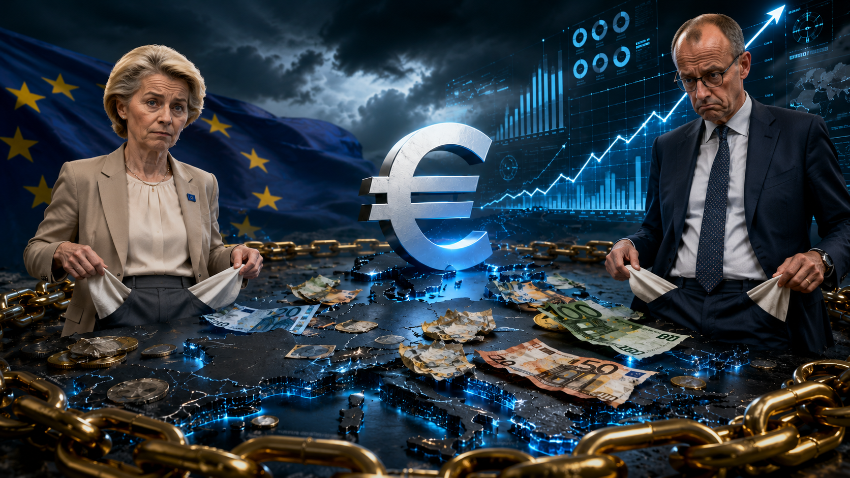 Mapa Evropy se symbolem eura, rozházenými eurobankovkami a&nbsp;dvěma evropskými představiteli na&nbsp;temném finančním pozadí