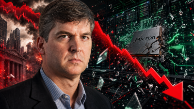 Michael Burry před popraskaným čipem Micron a červeným klesajícím tržním grafem
