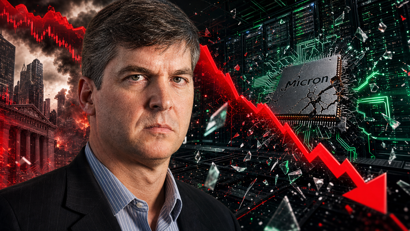 Michael Burry před popraskaným čipem Micron a&nbsp;červeným klesajícím tržním grafem
