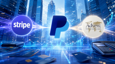 Ilustrace plánované akvizice PayPalu ze strany Stripe a Adventu na pozadí digitálních plateb.