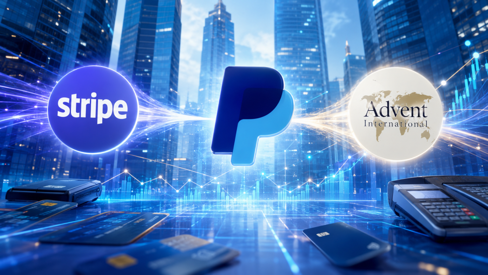 Ilustrace plánované akvizice PayPalu ze strany Stripe a Adventu na pozadí digitálních plateb.