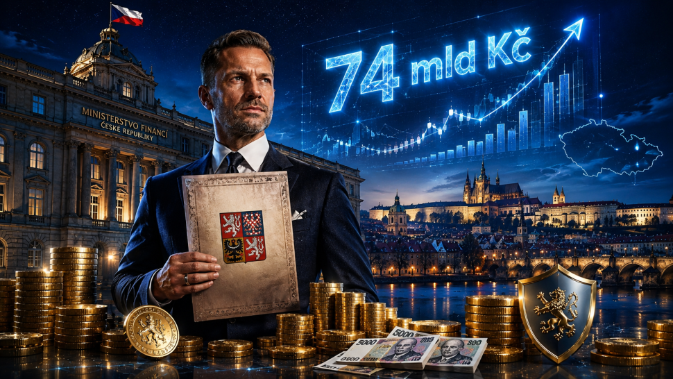 Noční Praha, české státní finance a vizualizace rekordního objemu 74 miliard Kč v Dluhopisech Republiky.