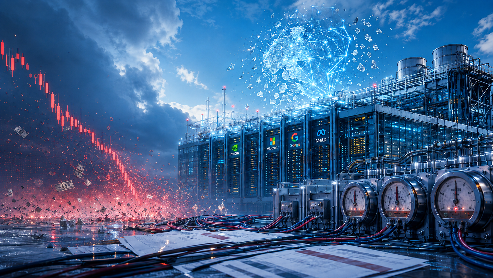 Technologické datacentrum, symbol AI infrastruktury a prudký pokles trhu